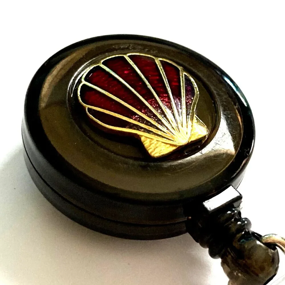 Vtg Sea Shell Cloisonne Charm ID Card Badge Holder Lanyard Retractable Reel